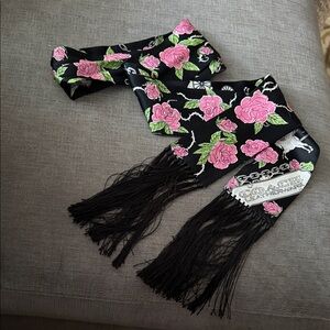 Coach Black Silk Scarf with Pink Floral Pattern & Fringe
